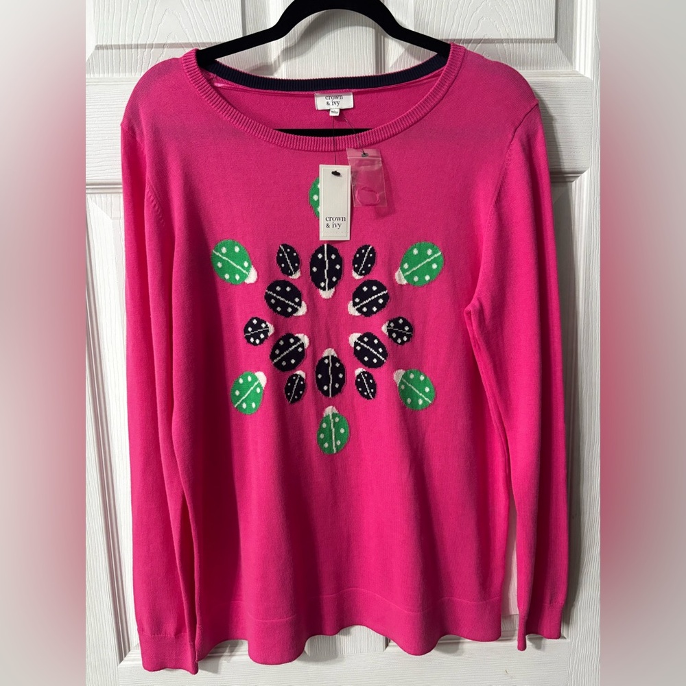 Crown & Ivy Ladybug Sweater Womens XL Pink Animal Print Long Sleeve Tunic Sz L